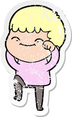 distressed sticker of a cartoon happy boy