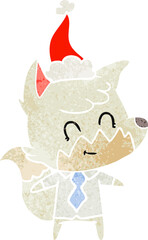 hand drawn retro cartoon of a friendly fox wearing santa hat