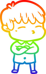 rainbow gradient line drawing of a cartoon curious boy
