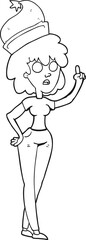 freehand drawn black and white cartoon woman wearing santa hat