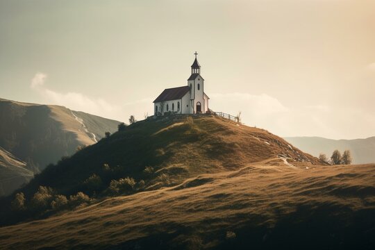 An AI-generated image of a church on a hill in a valley. Generative AI