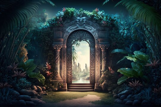 Mystical door in the jungle. Generative AI illustration.