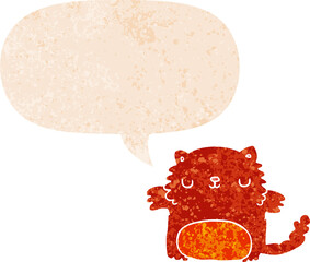 cartoon cat with speech bubble in grunge distressed retro textured style