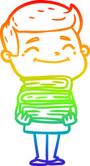 rainbow gradient line drawing of a happy cartoon man with stack of books