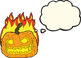 cartoon spooky pumpkin with thought bubble