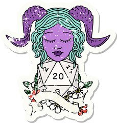 grunge sticker of a tiefling with natural twenty dice roll