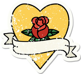 distressed sticker tattoo in traditional style of a heart rose and banner