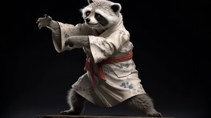 Fototapeta na wymiar Raccoon in white kimono doing karate. Generative ai