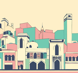 retro art, arabic city, vector art, pastel colors.