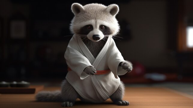 Raccoon in white kimono doing karate. Generative ai