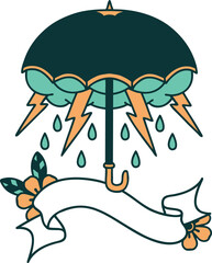 traditional tattoo with banner of an umbrella
