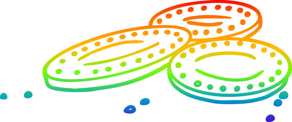 rainbow gradient line drawing of a cartoon gold coins