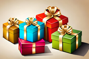 A group of colorful and vibrant gift boxes, each with a ribbon