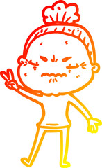warm gradient line drawing of a cartoon annoyed old lady