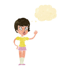 cartoon pretty girl waving with thought bubble