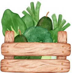 Watercolour vegetable wicker vintage basket