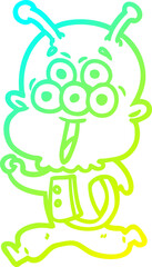 cold gradient line drawing of a happy cartoon alien running