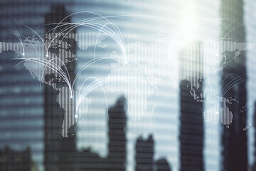 Double exposure of abstract digital world map hologram with connections on modern skyscrapers background, research and strategy concept