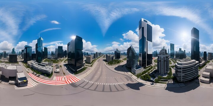 Full 360 degrees seamless spherical panorama HDRI equirectangular projection of Daytime Big City Future Sky . Texture environment map for lighting and reflection source rendering 3d scenes.