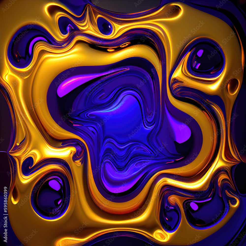 Aufkleber abstract background with a psychedelic pattern in blue, gold , like in 3D style, ai generation