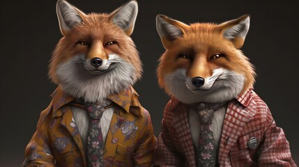 Fototapeta premium Studio portrait of fat foxes in the clothes. Generative ai