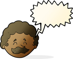 cartoon man with mustache with speech bubble