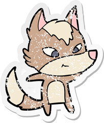 distressed sticker of a friendly cartoon wolf