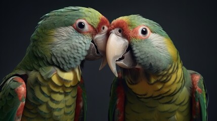 Studio portrait of two happy parrots in casual clothes kissing? Generative ai