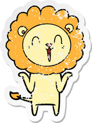 distressed sticker of a laughing lion cartoon shrugging shoulders