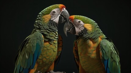 Obraz premium Studio portrait of two happy parrots in casual clothes kissing? Generative ai