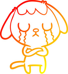 warm gradient line drawing of a cute cartoon dog crying