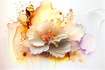 abstract ink floral background with white flowers and yellow splashes, watercolor, ai generation