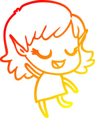warm gradient line drawing of a happy cartoon elf girl