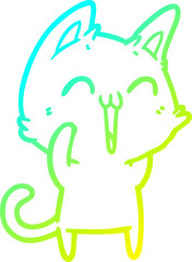 cold gradient line drawing of a happy cartoon cat