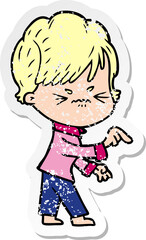 distressed sticker of a cartoon frustrated woman