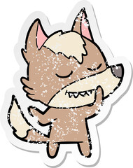 distressed sticker of a friendly cartoon wolf