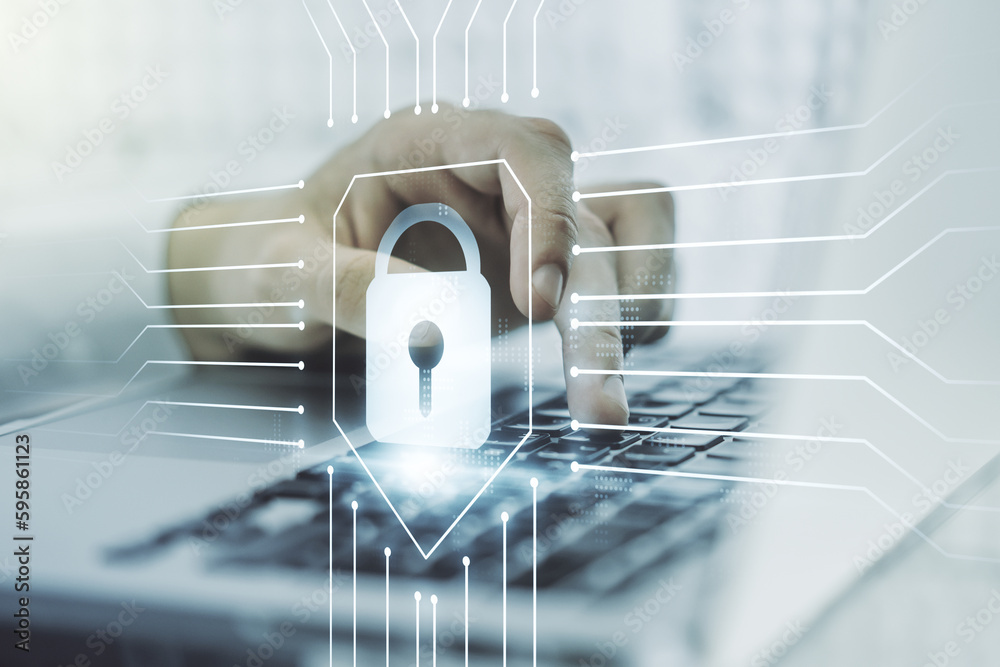 Poster double exposure of creative lock hologram with chip and hands typing on laptop on background. inform