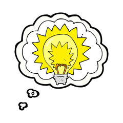 freehand drawn thought bubble cartoon light bulb shining