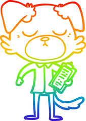 rainbow gradient line drawing of a cute cartoon dog wearing office shirt