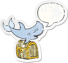 cartoon shark swimming over treasure chest with speech bubble distressed distressed old sticker