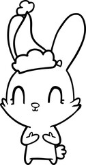 cute hand drawn line drawing of a rabbit wearing santa hat