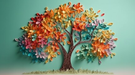 Tree paper quilling on colored background. Generative ai
