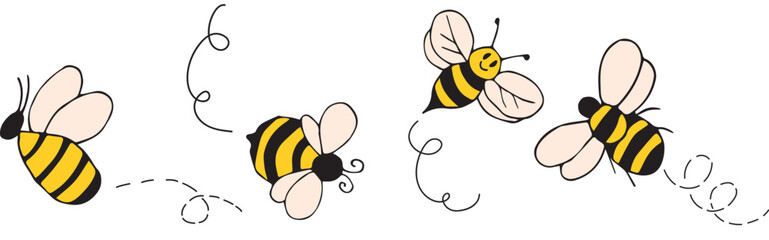 Cartoon Bees Vector illustration. Flying bees Summer digital illustration. Doodle bugs illustration.
