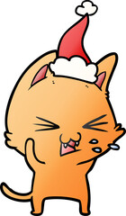 hand drawn gradient cartoon of a cat hissing wearing santa hat