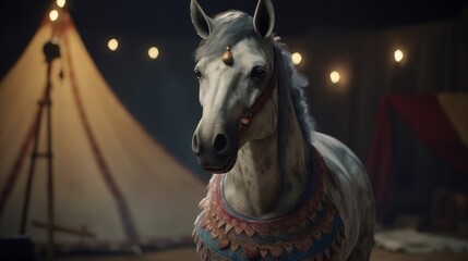 Unicorn wearing clothes suffering in circus. Generative ai
