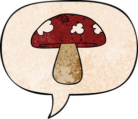 cartoon mushroom with speech bubble in retro texture style