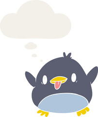 cute cartoon penguin with thought bubble in retro style