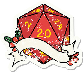 grunge sticker of a natural twenty D20 dice roll