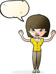 cartoon woman with raised hands with speech bubble