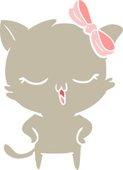 flat color style cartoon cat with bow on head and hands on hips
